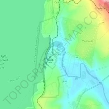 Mapa topográfico Albert Falls, altitud, relieve