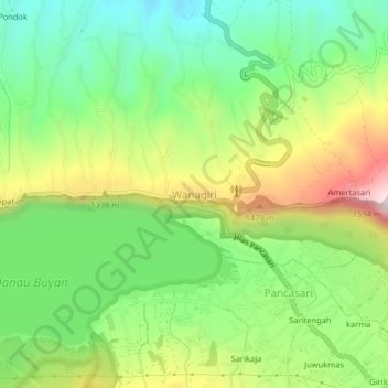 Mapa topográfico Wanagiri, altitud, relieve