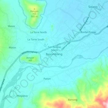 Mapa topográfico Bayombong, altitud, relieve
