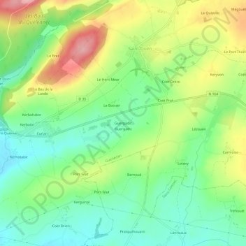 Mapa topográfico Guergadic, altitud, relieve