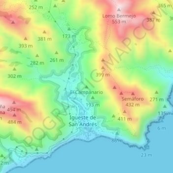 Mapa topográfico El Campanario, altitud, relieve
