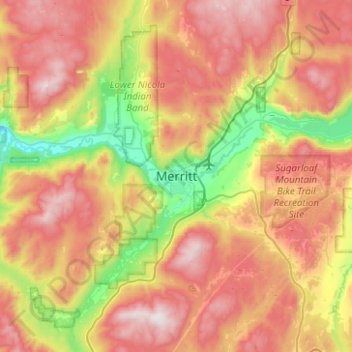 Mapa topográfico Merritt, altitud, relieve