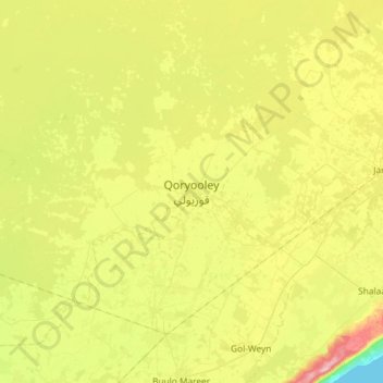Mapa topográfico Qoryooley, altitud, relieve