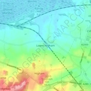 Mapa topográfico Lower Higham, altitud, relieve