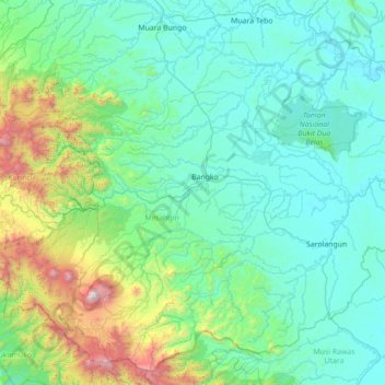 Mapa topográfico Bangko Barat, altitud, relieve