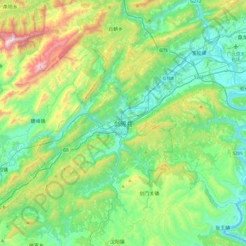 Mapa topográfico Jiange County, altitud, relieve