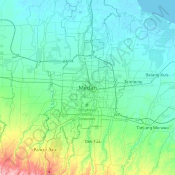 Mapa topográfico Medan, altitud, relieve