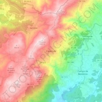 Mapa topográfico Caramulo, altitud, relieve