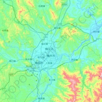 Mapa topográfico Meizhou, altitud, relieve