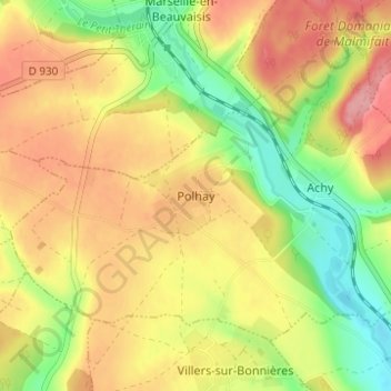 Mapa topográfico Polhay, altitud, relieve