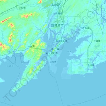 Mapa topográfico Fangchenggang, altitud, relieve