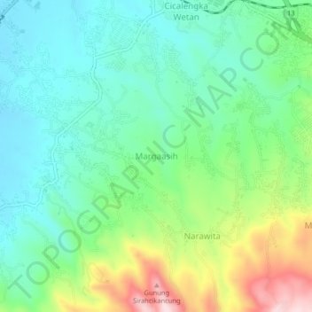 Mapa topográfico Margaasih, altitud, relieve