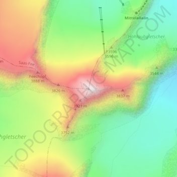 Mapa topográfico Allalinhorn, altitud, relieve