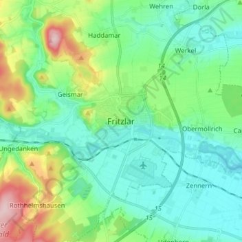 Mapa topográfico Fritzlar, altitud, relieve