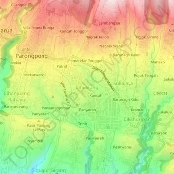 Mapa topográfico Cihideung, altitud, relieve