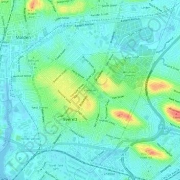 Mapa topográfico Glendale, altitud, relieve