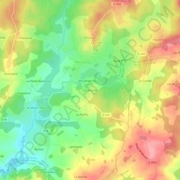 Mapa topográfico Les Vergnes, altitud, relieve