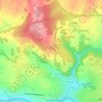 Mapa topográfico Les Pieds Bots, altitud, relieve