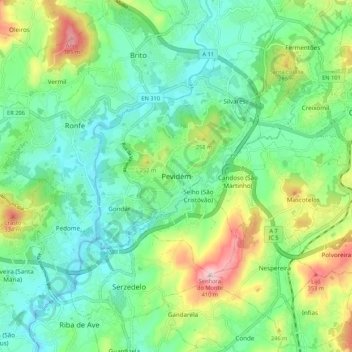 Mapa topográfico Pevidém, altitud, relieve