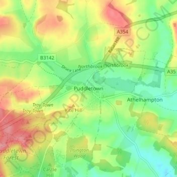 Mapa topográfico Puddletown, altitud, relieve