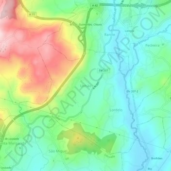 Mapa topográfico Unhão, altitud, relieve