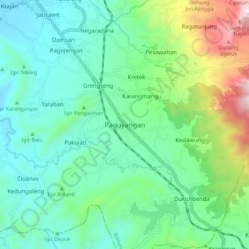 Mapa topográfico Paguyangan, altitud, relieve