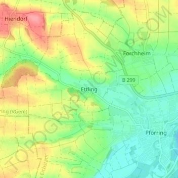 Mapa topográfico Ettling, altitud, relieve