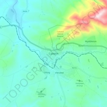 Mapa topográfico Caledon, altitud, relieve
