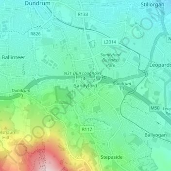 Mapa topográfico Sandyford, altitud, relieve