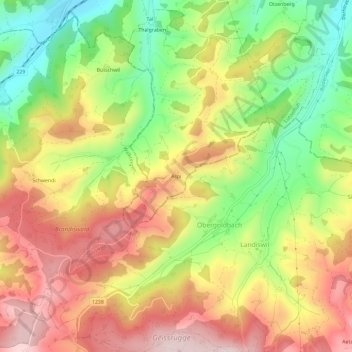 Mapa topográfico Aspi, altitud, relieve