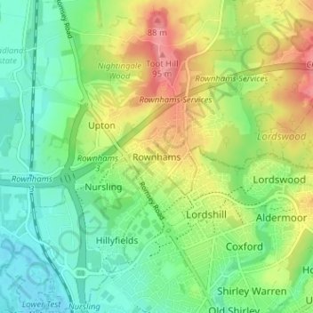 Mapa topográfico Rownhams, altitud, relieve