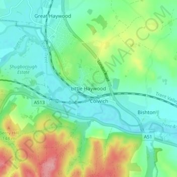 Mapa topográfico Little Haywood, altitud, relieve