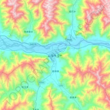 Mapa topográfico Shannan, altitud, relieve