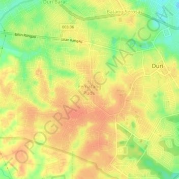 Mapa topográfico Pematang Pudu, altitud, relieve