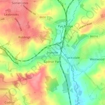Mapa topográfico Ironville, altitud, relieve
