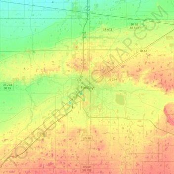 Mapa topográfico Findlay, altitud, relieve
