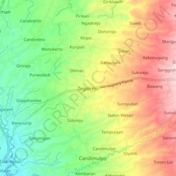 Mapa topográfico Tegalrejo, altitud, relieve
