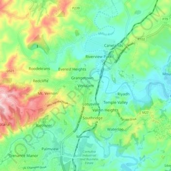 Mapa topográfico Verulam, altitud, relieve