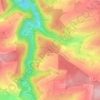 Mapa topográfico Spieß, altitud, relieve