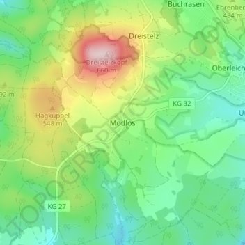 Mapa topográfico Modlos, altitud, relieve