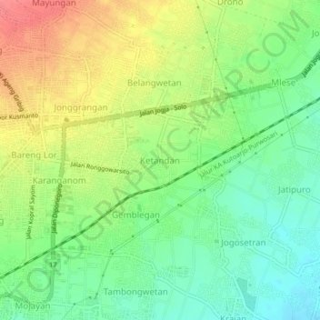 Mapa topográfico Ketandan, altitud, relieve