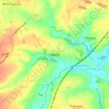 Mapa topográfico Hapton, altitud, relieve