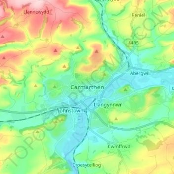 Mapa topográfico Carmarthen, altitud, relieve