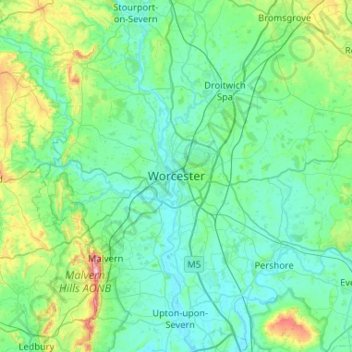 Mapa topográfico Worcester, altitud, relieve