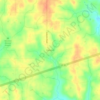 Mapa topográfico Kokomo, altitud, relieve