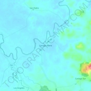 Mapa topográfico Cartago Norte, altitud, relieve