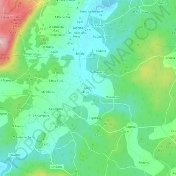 Mapa topográfico Cores, altitud, relieve