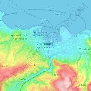 Mapa topográfico Cherbourg-en-Cotentin, altitud, relieve