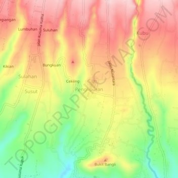 Mapa topográfico Penglipuran, altitud, relieve