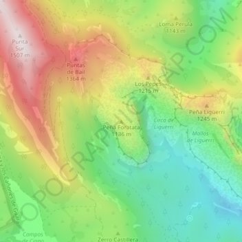 Mapa topográfico Peña Foratata, altitud, relieve